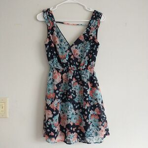 Love Tree Mini Dress S Blue Floral Faux Wrap Elastic Waist Lined CottagecoreBoho